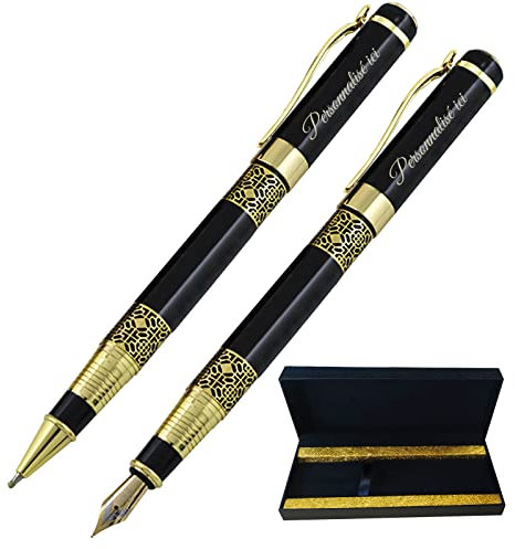 Füllfederhalter mit Holzmaserung, Individuelle Stifte mit Text, Personalisiertes Füllfederhalter-Kugelschreiber-Set mit Geschenkbox für Abschlussfeier, Business, Journaling-Schwarz