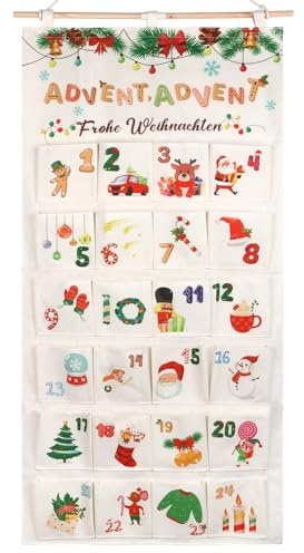 Lemicin Adventskalender zum Befüllen Aufhängen Weihnachtskalender mit 24 Stoffbeutel Wandkalender aus Stoff Wiederverwendbar zum Aufhängen Weihnachtsdeko