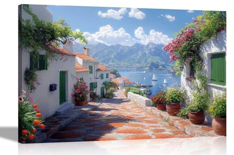 Artley Prints - Mediterranean Mountain Town Sea View Canvas Wall Art Prints For Bedroom Hallway Living Room Pictures Extra Large 101 x 76cm (40 x 30 inches)