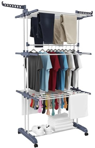 TrendClub100 4-Stufiger Wäscheständer auf Rollen | Turm-Design mit 24 Stangen & 14 Haken | klappbar & mobil | Edelstahl & Kunststoff | ideal für Indoor & Outdoor (Grau)