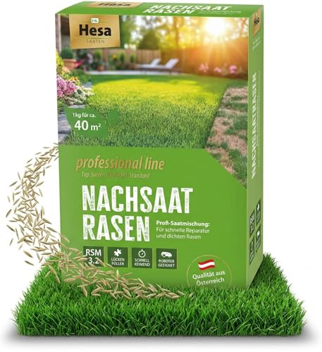 Hesa Professional Nachsaatrasen 1 kg für 40 m² - Schnellkeimende RSM 3.2 | 4 Premium-Gräsersorten aus dem Fußball- und Golfplatzbau - dichte, belastbare Narbe - für Sport-, Spiel- und Hausrasen