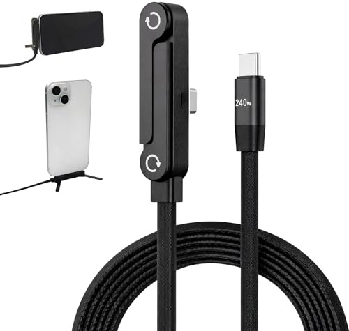 240W 2-in-1 USB C Invisible Charger Holder Cable, 1.5m Fast Charging Phone Charger with Hidden Stand for Smartphone, Tablet, Laptop, 90° Elbow Design, 480Mbps Data Sync, for Hands-Free Video Calling