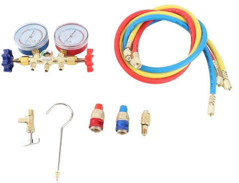 VBESTLIFE Manómetro de Aire Acondicionado, Juego de Colector de Diagnóstico de CA de 3 Vías para Accesorios de Latón R410 R22 134A, Mangueras Codificadas por Colores, Manómetros Azules de Baja y