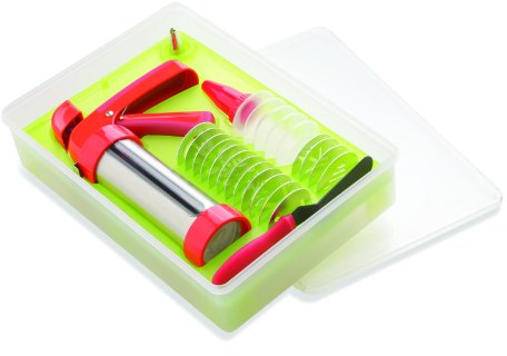 Kuhn Rikon 22902 Baking Biscuit Press Stainless Steel with Set for Decorating Biscuits Biscuit Maker / 16 Moulds / Slicers with Enamel Bottles / Inserts / Spatula with Recipes in Storage Box 30.5 x 21.9 x 7.6 cm
