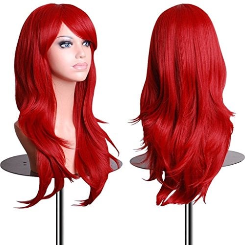 EmaxDesign 70cm qualitativ hochwertige Cosplay Perücke Für Frauen. Lang Voll, Lockig Wllig Heiz resistent. Fashion Glamourös Haarteil mit kostenlosen Perücke Kappe & Perücke Kamm (Farbig: Rot)