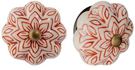 Nicola Spring Ceramic Cupboard Drawer Handle Knobs - Vintage Flower Design - Dark Red - Pack of 12