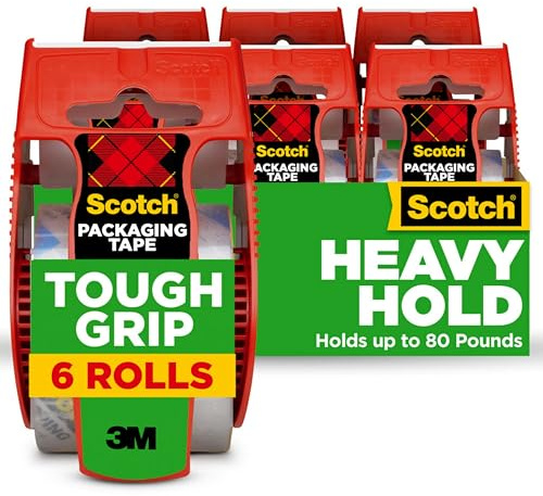 Scotch Tough Grip Moving Packaging Tape with Dispenser, 6 ct. 1.88 in x 22.2 y (150-6) | 6 Tape Rolls with Dispensers, Moving Tape That Secures Boxes up to 80 Pounds