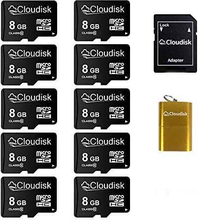 Cloudisk Pack de 10 Cartes Micro SD 8 Go U1 C10 lot microsdhc uhs - I avec Adaptateur microSD et Lecteur de Carte mémoire USB (Carte Micro SD 8 Go)