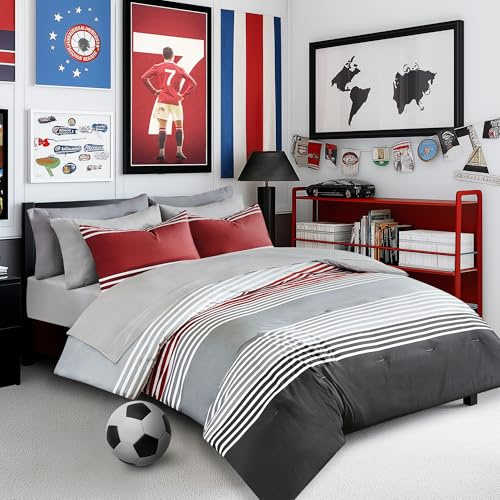 Comfort Spaces Accogliente piumino con set completo di lenzuola con tasca laterale, copertura per tutte le stagioni, federe coordinate, microfibra, Colin rosso/grigio, Twin XL (167,6 x 228,6 cm)
