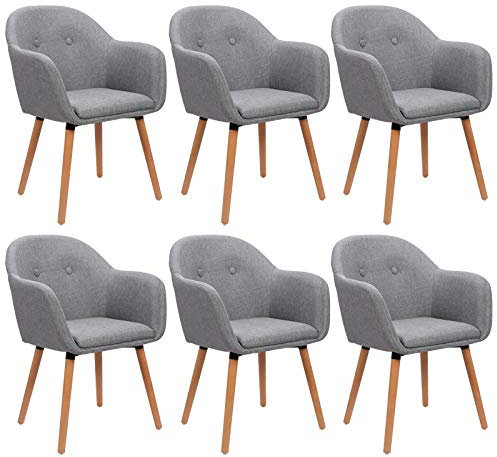 WOLTU Esszimmerstühle 6er Set Küchenstühle Wohnzimmerstühle Polsterstühle, Armlehnstühle mit Rückenlehne, für Esszimmer, Küche, Wohnzimmer, Leinen, Gestell aus Massivholz, Hellgrau, BH94hgr-6
