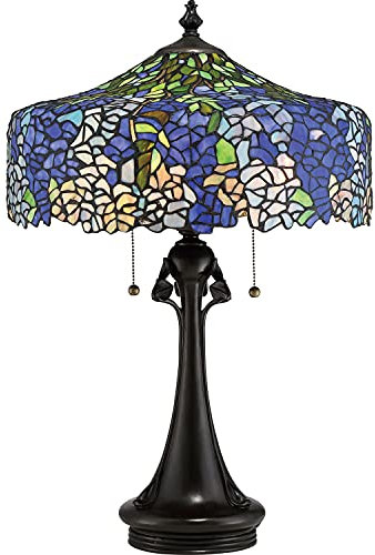 Licht-Erlebnisse Kunstvolle Tiffany Lampe FARFALLA 3 Buntglas Mosaik in Grün Blau Zugschalter 69cm hoch Tischleuchte
