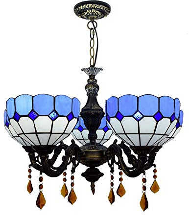Blivuself Tiffany Kronleuchter Lampe 24 Zoll Tiffany-Blau-Weiß Mediterraner Stil Kronleuchter Glaspendelleuchte Restaurant Hängeleuchte Cafe Bar Wohnzimmer Schlafzimmer Kronleuchter