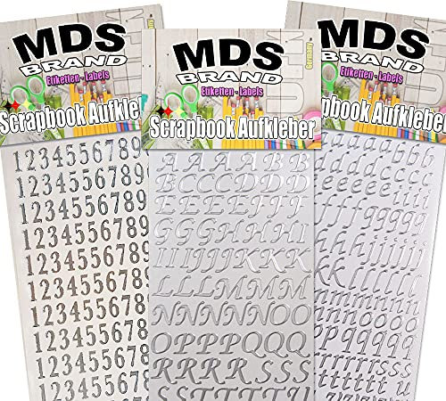 MDS Brand 1,5cm Buchstaben & Zahlen Aufkleber Mit Feinem Eleganten Rand - 3er/pk Zum Beschriften & Gestalten Von Fotobuch & DIY Projekte, Dekorative Matt Mit Silber Rand 24 (Silber)