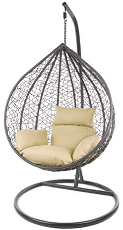KIDEO Komplettset: großer Hängesessel mit Gestell & Kissen, Korbsessel, Poly-Rattan (Korb & Gestell: grau, Kissen: Hellbraun Nest (7007_capucchino))