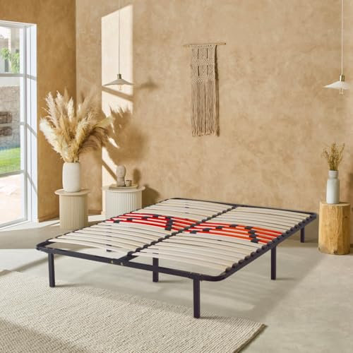Sommier Céleste 180x200 cm, Cadre à Lattes 2 places, 16 Curseurs de Fermeté Ajustables, Structure Métallique avec 36 Lattes en Bois, Avec Pieds, Confort Ergonomique, Compatible Cadre de Lit