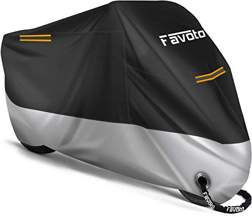 Favoto Verbesserte Version Motorrad Abdeckplane Outdoor Motorradabdeckung mit Schlüsselloch 3 Reflexionsstreifen Schützt vor UV Regen Schnee Staub Silber Schwarz XXXL 265x105x125cm