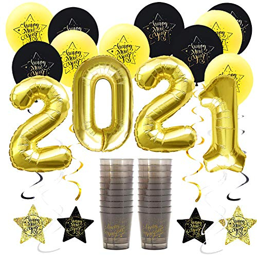 Oblique Unique® Happy New Year 2021 Silvester Neujahr Party Deko Set - Luftballon Set + 2021 Folien Ballons + Deckenhänger Spiral Girlanden + 20 Trinkbecher in Gold Schwarz Silber