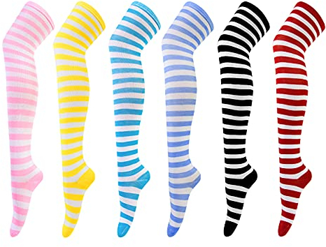 Chalier Cozy 6 Paar Kniestrümpfe Overknee Strümpfe Damen Lange Gestreifte Socken Thigh High Socks Beinwärmer Schenkel Socken für Mädchen