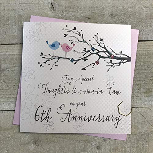 White Cotton Cards Daughter & Son-in-Law 6th Wedding Anniversary Card Six Iron Birds and Tree branch PD193-6,16cm x 16cm