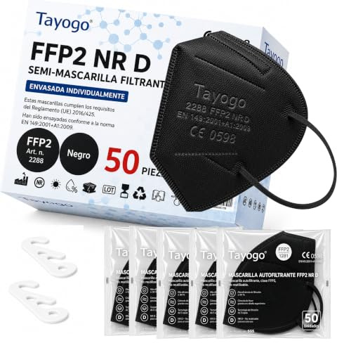 Tayogo FFP2 Masken 50 Stück Weiß oder Schwarz, 5-lagige Atemschutzmasken mit 99,5% Filterleistung, einzeln verpackte Mundschutzmasken, geruchsneutral, Staubschutzmaske für Alltag, Arbeit & Reisen