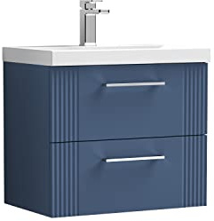 nuie DPF393D Deco Modern Bathroom Wall Hung 2 Drawer Part Fluted Vanity Basin Unit with Thin-Edge Ceramic Basin, 600mm, Satin Blue