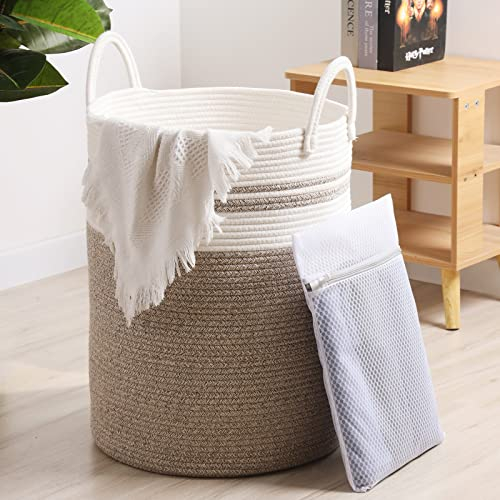 3-teiliger Deckenkorb, 1-teiliger 40-l-Wäschekorb aus Baumwollseil und 2-teiliger Netz-Wäschesack,Laundry Basket mit Griff für das Wohnzimmer, Wäschekorb für Kissen, Spielzeug, Kleidung.