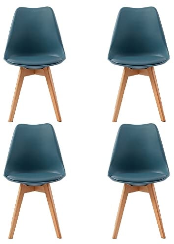 H.J WeDoo 4er Set Küchenstühle Esszimmerstühle Modern Esszimmermöbel, mit Massivholz Buchenholz Bein und Kissen aus PU-Leder, Dunkelblau