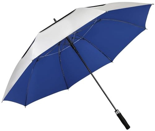 NINEMAX UV Schutz Golf Regenschirm Groß,Automatische öFfnen Golfschirm XXL,Golfschirm Mit Doppellagiger Schirmstoff(Silber/Blau)