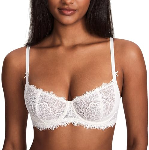 DOBREVA Women's Balconette Sexy Unlined Bra Lace Push Up Plus Size Bras See Through Underwire Coconut White 36D