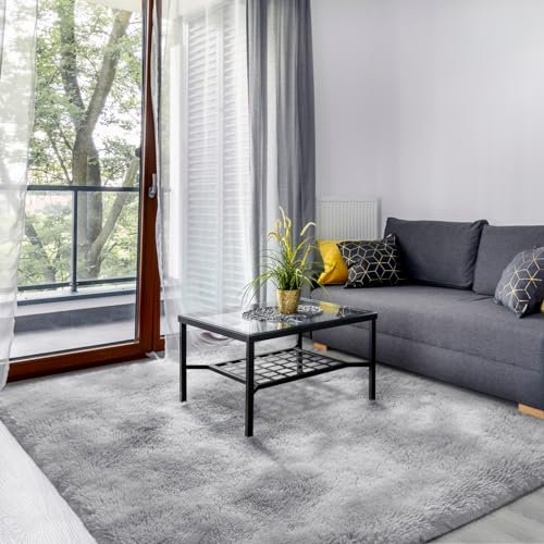 SOANNY Living Room Area Rug, 90x150 cm Small Soft Fluffy Tie-Dyed Shag Carpet, Non-Slip Washable Rug for Bedroom, Dorm, Kids Room, Lounge, Light Grey