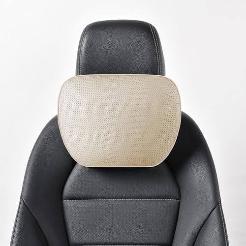 POKSRI Echtes Rindsleder nackenkissen Auto,kopfstütze Auto nackenstütze,Echtes Leder Unterstützung Kissen,Pflanzenbasiertes Polyester,30x19cm Nachfüllbar&Verstellbar Fahrzeug (Beige,1p)