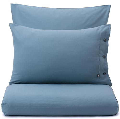 URBANARA Flanell-Kissenbezug Telhado 40x80 cm - 50% Tencel 50% Baumwolle, Knopfleiste Oeko-Tex Standard 100 - Dunkles Nebelblau