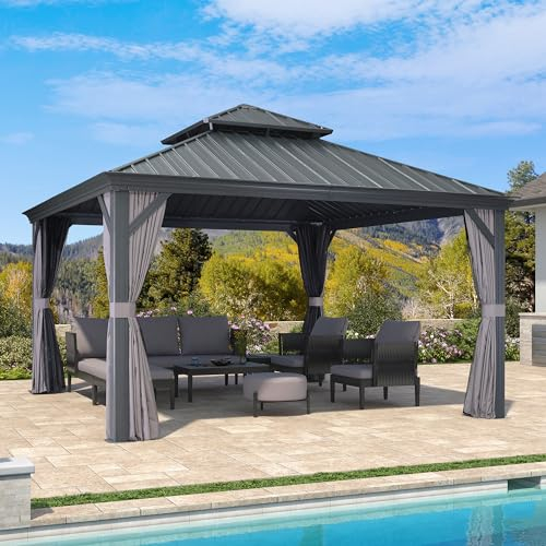 PURPLE LEAF Pavillon 4 x 4 m Wasserdicht Stabil Winterfest Gartenpavillon mit Stahldach Hardtop Pavillon mit Seitenteile Alupavillon, Grau