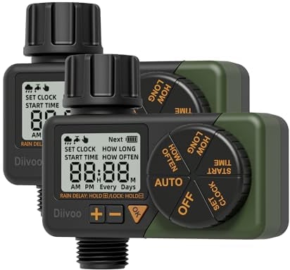 Diivoo Ordenador de riego, temporizador de riego con retardo por lluvia/modo automático y manual, temporizador de riego con programas semanales y diarios,Paquete de 2