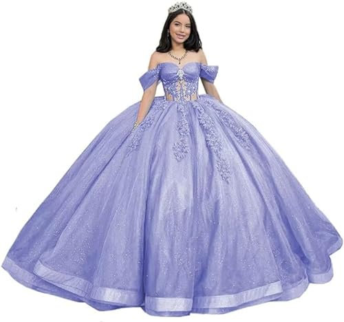 TSxuelian Vestidos brillantes con cuentas dulces 16 para mujer, vestidos de quinceañera de encaje con hombros descubiertos, vestidos de fiesta de boda de tul hinchado, Lila, 34