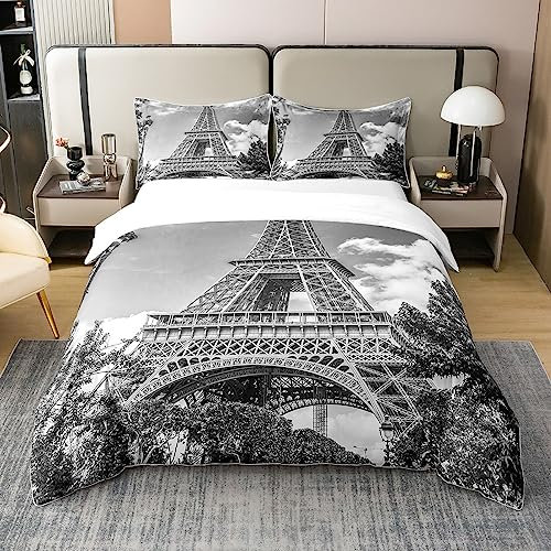 Loussiesd Eiffelturm 100% Baumwolle Bettwäsche Set 135x200cm Paris Bettbezug Set Baumwolle Bettwäsche Set for Bedroom Paris Decor Bettbezug Set Valentines Betten Set Trip Design Grey Bettwäsche-Set