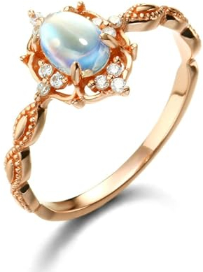Stfery Ring Rosegold 585 Ringe für Frauen Oval Mondstein Hochzeitsring Damen
