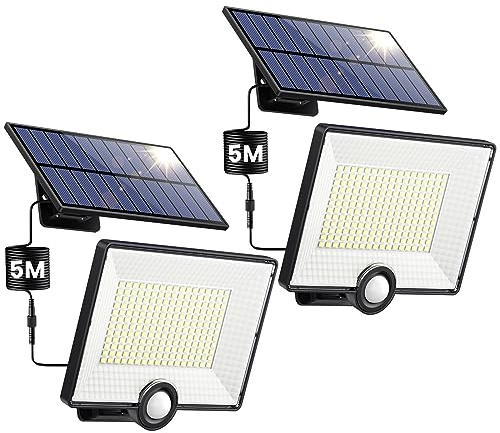 Pxwaxpy Luce Solare LED Esterno [204LED] Lampada Solare da Esterno con Sensore di Movimento, IP65 Impermeabile Farette Solare a LED da Esterno con Cavo di 5M Pannello Solare Indipendente-2 Pezzi