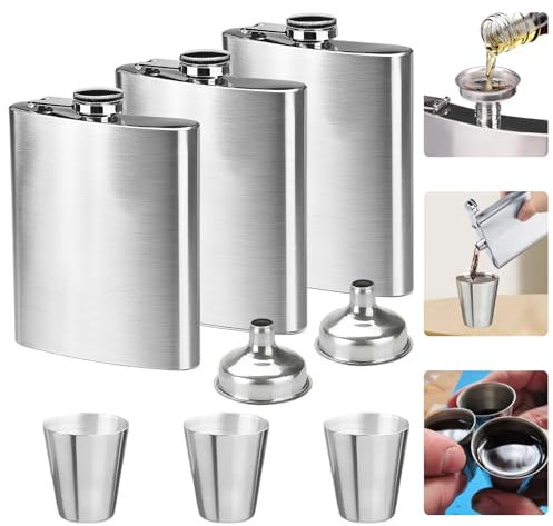 3 Piezas Petacas de Acero Inoxidable con 2 Embudos y 3 Copas de Vino, Petacas a Prueba de Fugas de 8 oz y 224 ml, Juego de Petacas Portátiles, para Licores, Whisky, para Acampar, Escalar y Fiestas