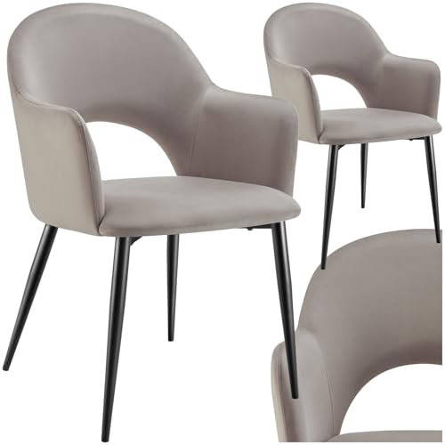 tectake® 2er Set Armlehnstuhl in Samtoptik, gepolsterte Esszimmerstühle, bis 120 kg belastbar, Stühle Esszimmer mit komfortabler Polsterung, Küchenstuhl, Esszimmerstuhl mit Stahlbeinen - Taupe
