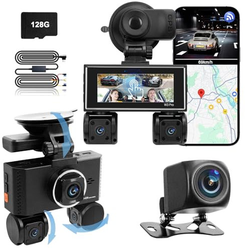 Dashcam 360 Grados, Camara Coche grabadora 360°, Dash CAM Coche, con 4 Camaras HD 1080P, Pantalla táctil, Modo de estacionamiento de 24 Horas, con WiFi/GPS/Sensor G/Tarjeta de 128 GB/Cable Reductor