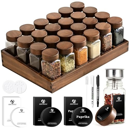 DSUID Elegant acacia wood tray spice rack | spice rack wood + 24 120 ml spice jars square | 180 spice labels | natural spice organiser | spice storage