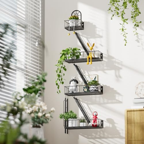 PROTITOUS Fire Escape Shelf 5 Tier Metal Fire Escape Wall Shelves with Baskets, New York Action Figurine Display Shelf, Unique Rustic Floating Decorative Wall Shelves Black