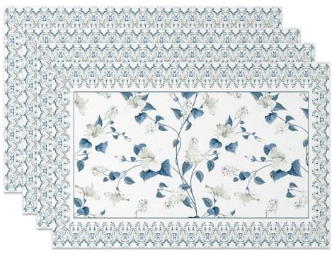 MIRRORANG Blau-weiße Platzsets, 45 x 30 cm, elegantes Blumenmuster, waschbar, Tischsets für moderne Küche, Esszimmer, Dekoration, 4 Stück