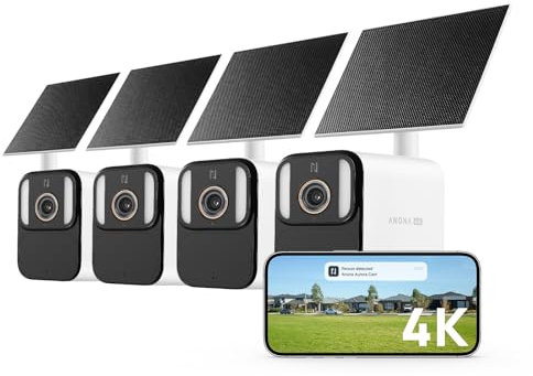 Anona Aurora 4K Solar Security Cameras Wireless Outdoor, Forever Power with Solar Panel, 8MP Color Night Vision, 24/7 AOV Recording, No Monthly Fees, AI Detection, Easy Setup, 2.4 G WiFi, IP67, 4 Pack