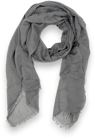 Ziona Leichtes Tuch Damen Sommer Schal dünn einfarbig Frühling Uni Halstuch Crinkle mit feinen Fransen (Dunkelgrau)