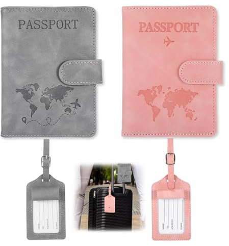 2 Stück Reisepasshülle mit Kofferanhänger 11x15cm/4.3x5.9in RFID-Blocker | Passport Holder Reisepass Hülle PU-Leder Passport Cover für Urlaub und Geschäftsreisen (Grau+Rosa)