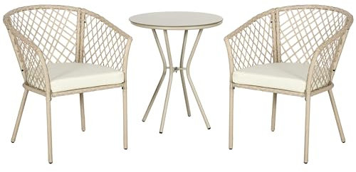 Outsunny Salon de Jardin bistrot, Ensemble bistrot de Jardin 3 pièces Table d'appoint Ronde métal, Plateau Verre trempé, 2 fauteuils avec Coussins, Corde en résine tressée, Beige