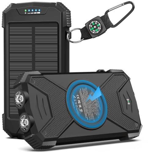 BLAVOR Power Bank Solaire 10000mAh, Batterie Externe à Recharge Rapide de 20W avec Port USB-C pour téléphones Portables, dotée d'une Double Lampe de Poche pour Le Camping, Noir Foncé
