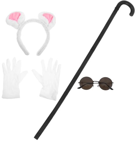 BESPORTBLE Adult Women Mouse Costume Set Blind Mouse Costume Accessories with Ears Headband Sunglasses Blind Cane and White Gloves for Halloween Cosplay Themed Parties